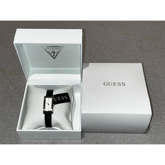 NEW GUESS SILVER TONE BLACK Leather BAND RECTANGLE WHITE DIAL WATCH in box main image 11